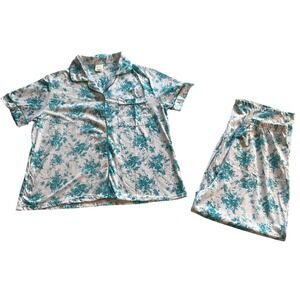 Blair Pajama Set Women Medium Teal Floral Short Sleeve Button Front Pants